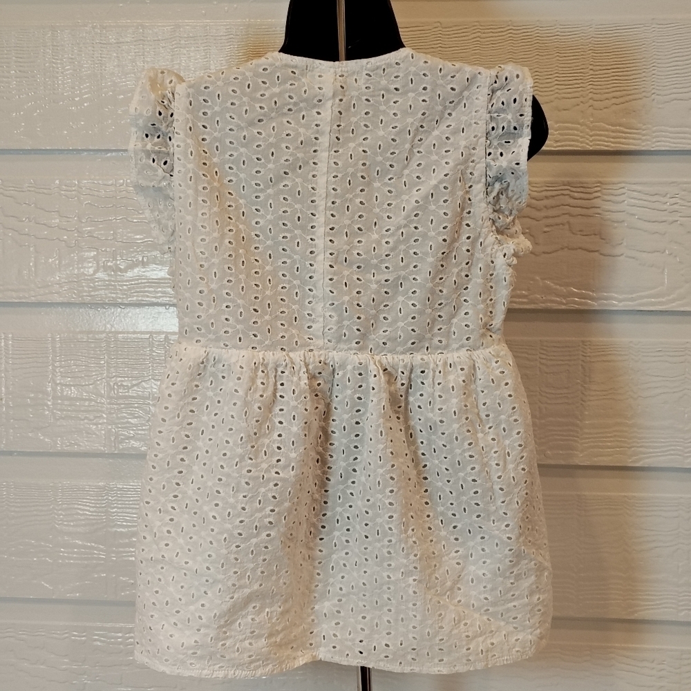 IMPRESSION WOMENS MED WHITE EYELET V NECK FLUTTER SLEEVE BABYDOLL PEPLUM BOHO‎ - Picture 4 of 7